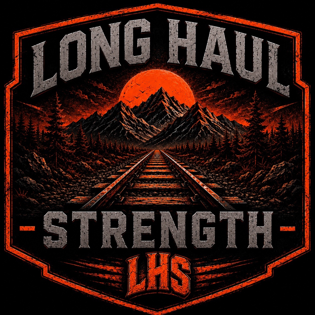 Long Haul Strength mountain and railroad logo